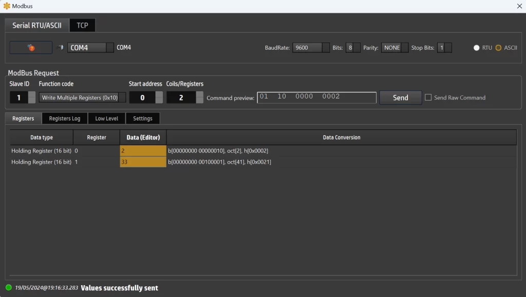 SerialTool ModBus Write Multiple Registers