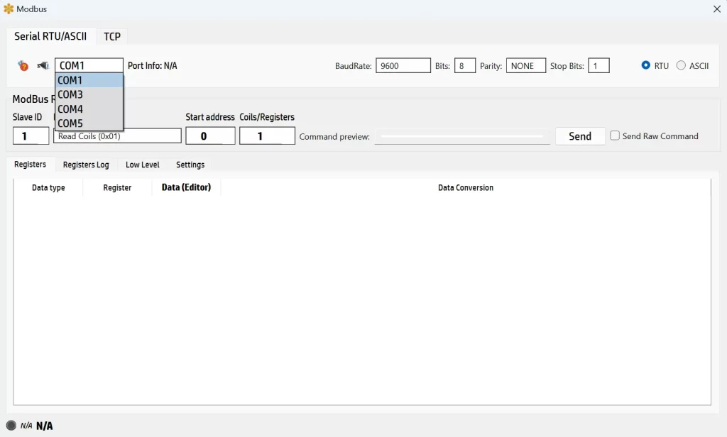 SerialTool ModBus COM Selection