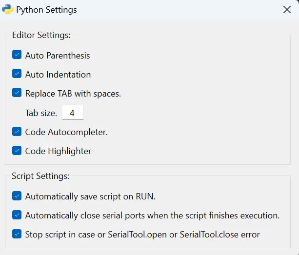 Python editor Settings